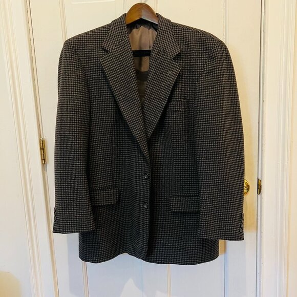VINTAGE Tweed Jacket L Gray Black Houndstooth Check Cashmere Blazer 42 R - Picture 2 of 7